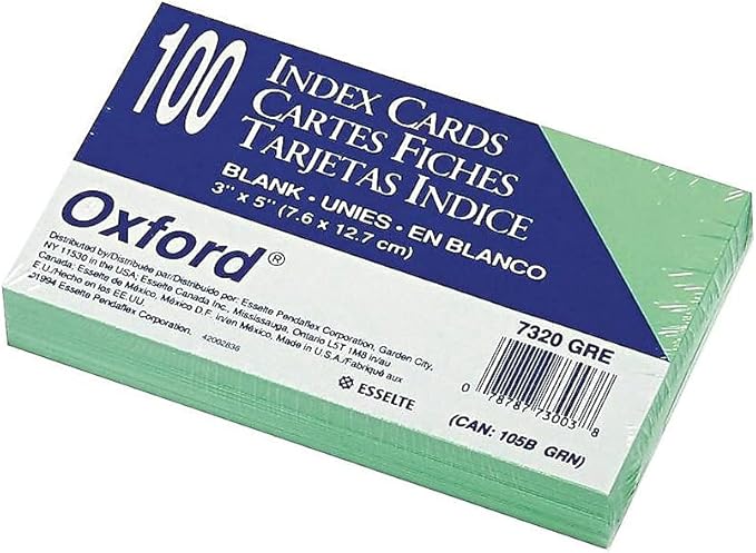 Oxford Blank Color Index Cards, 3" x 5", Green, 100 Per Pack (7320 GRE)