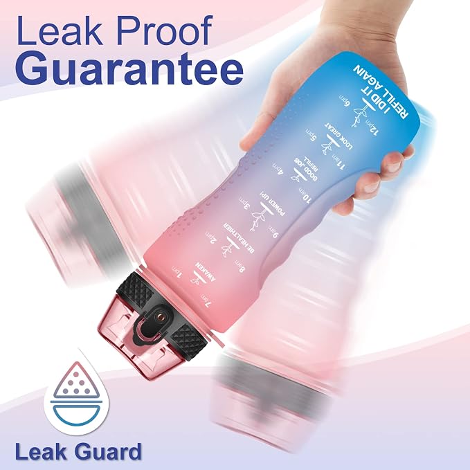 24 OZ Motivational Kids Water Bottle With Time Marker,Straw Lid,Leak Proof, Tritan BPA Free Sports Water Bottle Pink-Blue(1 Lid)