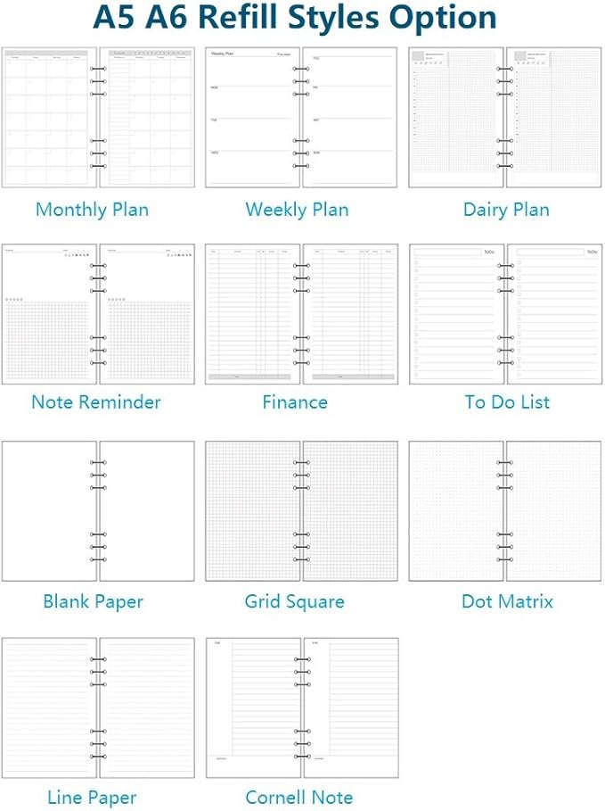 Harphia A6 Planner Refills Set 11 Packs Spiral Notebook Inserts for 6 Ring Binder, for Filofax/Personal Journal,45sheets/pack, total 495sheets (A6 3.74 x 6.77'',Full Set 11 pcs)