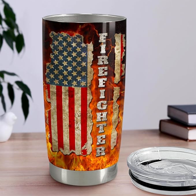 SANDJEST Firefighter Tumbler 20oz Stainless Steel Insulated Coffee Travel Mug Cup for Men Fireman Firefighters Gifts for Birthday Christmas Fathers Day