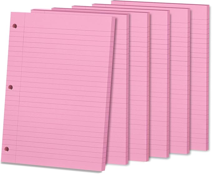 Pink Loose Leaf Paper, 300 Sheets, Wide Ruled, 8" x 10.5", 6 Pack Lined Paper, Notebook Paper Reinforced Filler Paper College Rules, 3 Hole Punched, College Ruled Binder Paper for School & Office