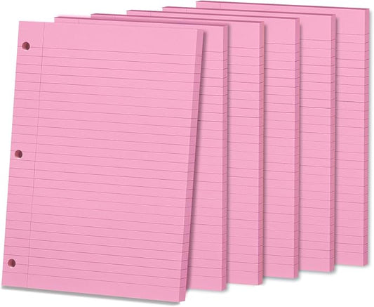 Pink Loose Leaf Paper, 300 Sheets, Wide Ruled, 8" x 10.5", 6 Pack Lined Paper, Notebook Paper Reinforced Filler Paper College Rules, 3 Hole Punched, College Ruled Binder Paper for School & Office