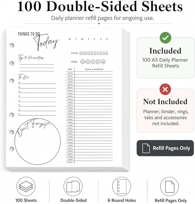 A5 Daily Planner Inserts, 6-Ring Undated Planner Refill Pages with To Do List, Hourly Schedule & Reminders, 100 Double-Sided Sheets, 100gsm White Paper, 5.8 x 8.3 in