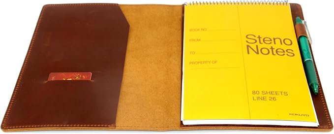 Leather Cover Compatible With 6" x 9" Spiral Steno Pads, Steno Notes 6" x 8.8" Spiral Notebooks Distressed Genuine A5 Leather Cover with Pen Loop Brown