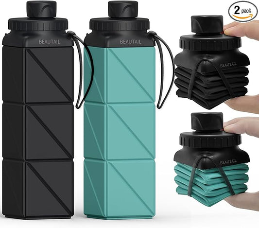 BEAUTAIL Collapsible Water Bottles 21 oz, Silicone Portable Water Bottle | BPA Free, Leakproof & Reusable, Foldable Water Bottle for Travel, Hiking, Camping, Cycling, School, Gym, 2-Pack, Black+Blue