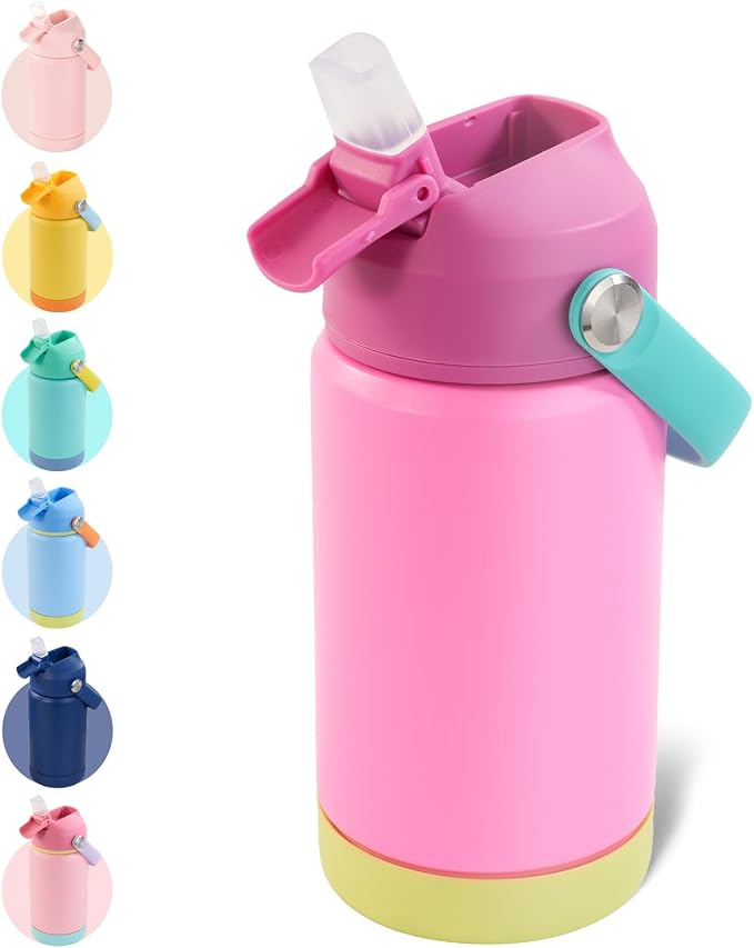 Kerilyn 12oz Kids Water Bottle, Stainless Steel Insulated Water Bottle for Kids, Toddler Cup with Straws Leak-Proof, Kids Water Bottles for School Boys Girls, BPA Free, Rose Red