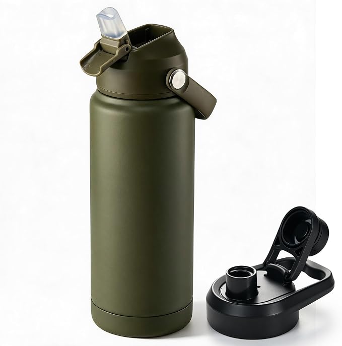 Fijinhom 24 oz Insulated Water Bottle with 2 Lids, Stainless Steel Water Bottles, Double Wall Vacuum, Portable Handle & Non-slip Bottom, BPA Free Leak Proof Metal Bottles, Keep Cold 24H, Green