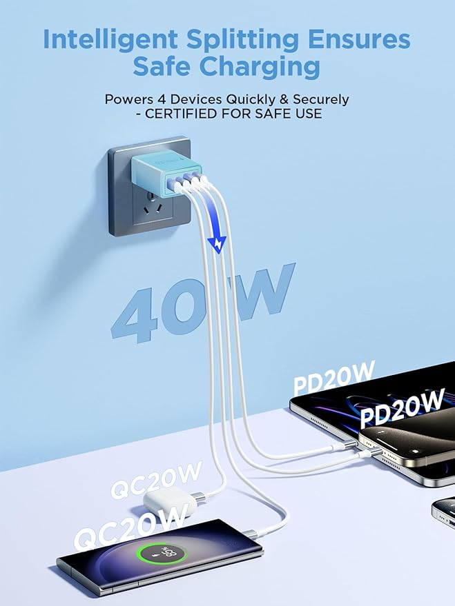 USB C Charger Block, 40W 4-Port Type C Fast Charging Cube Dual Charger Block PD Power Charger Adapter+QC 3.0 USB Multi Port Charging Brick for iPhone 16/15/14/13/12 Pro Max, iPad, Galaxy S24/23