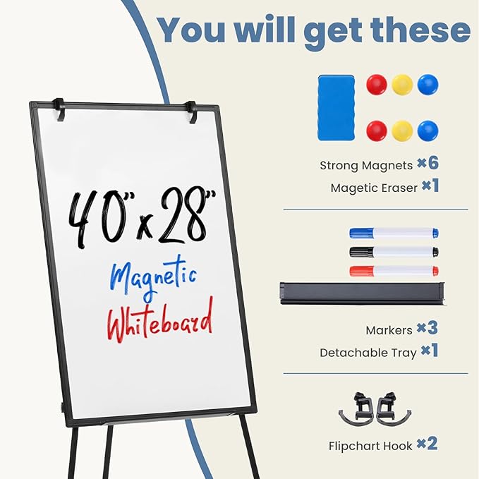 NEWBULIG Magnetic Dry Erase Board 40" x 28", White Board with Adjustable Stand, Heavy-Duty Aluminum Frame & Accessory Tray for Office, Classroom, Home & Presentations, Black