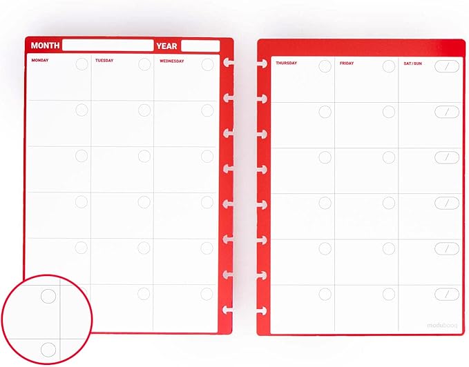 Modubooq - 32 red monthly reusable discbound duratech3 pages - inserts with month planners for smart notebook - A5