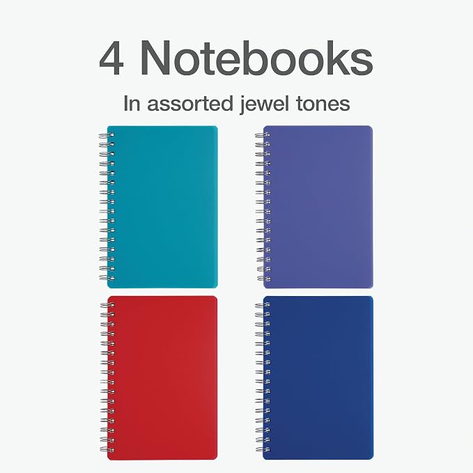 Oxford Poly Spiral Notebooks, Small 5.7" x 8.5" Book, Thick Poly Cover, White Paper, College Rule, 80 Sheets/160 Pages, Jewel Tones, (69720) Pack of 24