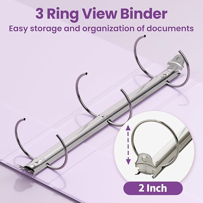 SUNEE 3 Ring Binder 2 Inch 2 Pack, Clear View Binder Three Ring PVC-Free (Fit 8.5x11 Inches) for School or Office Supplies, Purple