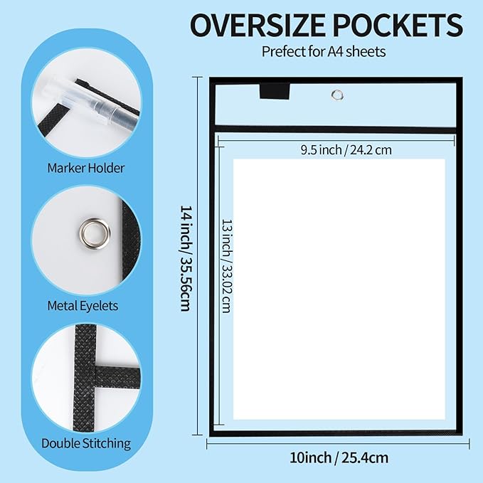 Ufamrine 30 Pcs Dry Erase Pockets Sleeves Black, Job Ticket Holders (10" * 13"), Reusable Plastic Sleeves for Teacher Classroom