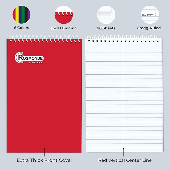 Rosmonde Bulk Steno Pads, 48 Pack, 6x9 Gregg Ruled Steno Book, 80 Sheets