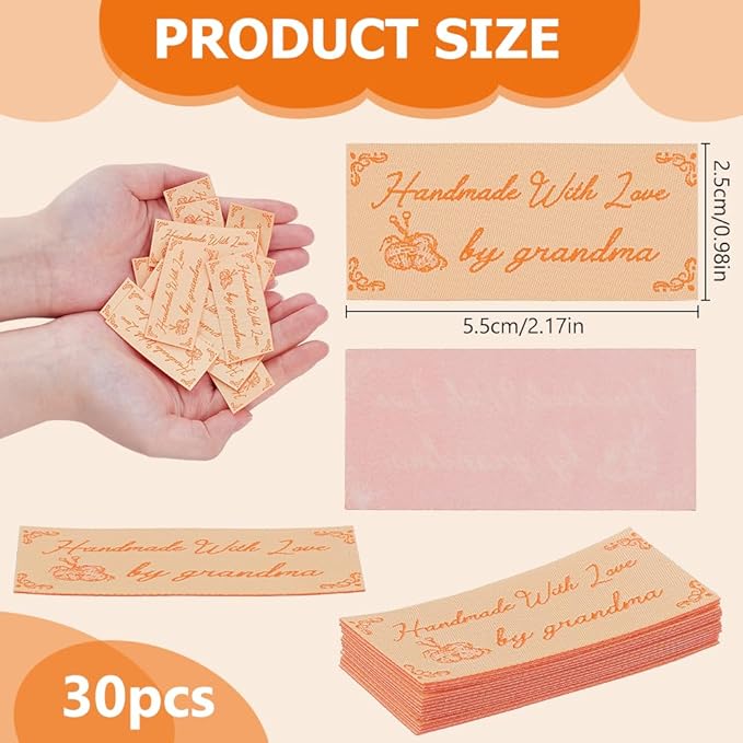 30 Pcs Iron on Grandma Labels Personalized Woven Iron-On Labels Handmade with Love Text Sewing Tags Perfect for Handmade Gifts Clothing Craft Projects Clothing Knitting Crafts 2.2'' *1''