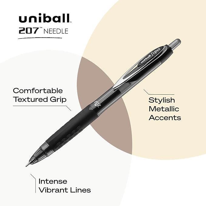 uniball 207 Needle Retractable Gel Pens, Medium Point (0.7mm), Black, 12 Pack