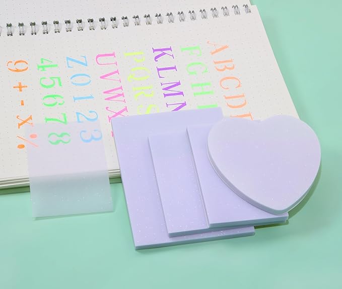ONLYKXY 4Pack Mixed Shape Transparent Sticky Notes for Annotating,Glitter Pastel Color Waterproof Index Sticker Self-Stick Book Tabs 200Sheets Soft PET Marker Memo Pad for Home School Office (Purple)