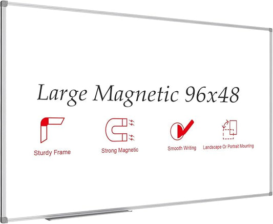 JILoffice Magnetic Dry Erase Board 96 x 48 inches, Large 4" x 8" Whiteboard for wall, Silver Aluminum Frame Wall Mounted Board for Office Home and School
