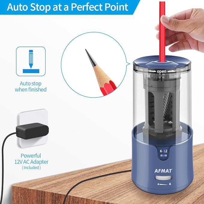AFMAT Electric Long Point Pencil Sharpener for Artist, Auto Stop & Fast Sharpening, 8-17mm Super Long Point, Artist Pencil Sharpener Plug in for φ6-12mm Charcoal/Drawing/Sketching/Colored Pencils
