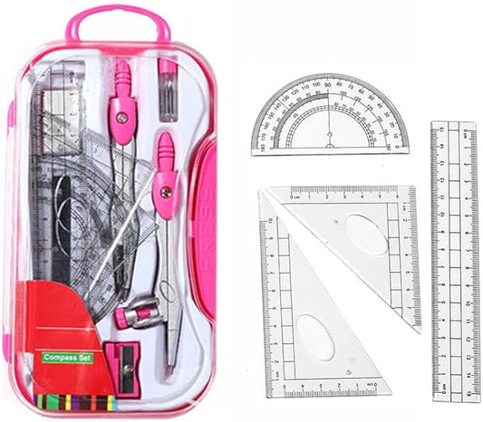 10Pcs Geometry Set, Math Geometry Kit with Metal Compass, Protractor, Ruler, Eraser & Pencil Sharpener, Drawing Tools for Engineering, Drafting (Rose Red)