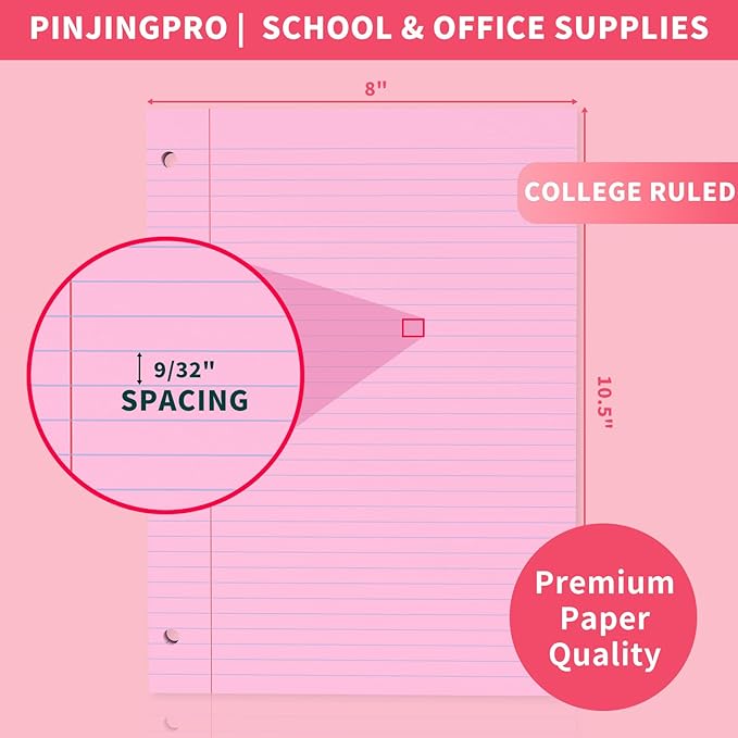 Pink Loose Leaf Paper 120 Sheets Pink Paper 8" x 10.5" College Ruled Notebook Paper Filler Paper 3-Hole Punched Lined Paper for 3-Ring Binders 8 x 10-1/2 Binder Paper for Home School Office Supplies
