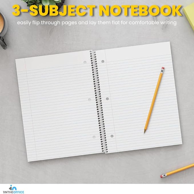 1InTheOffice Spiral Notebook College Ruled 11 x 8, 3-Subject College Ruled Notebooks, Wirebound Spiral Notebooks, 120 Sheets, Assorted Colors, 4 Pack