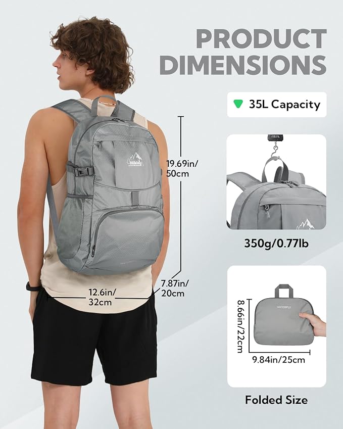 WATERFLY Hiking Packable Daypack Backpack: 35L Ultra Lightweight Day Pack for Women Men - Large Foldable Back Pack for Outdoor Sport Cycling Camping Travel Trip - Gray