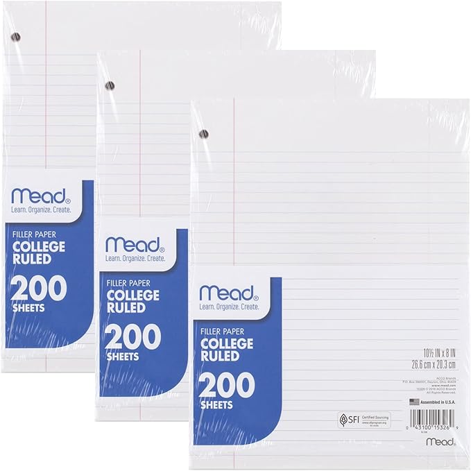 Mead Loose Leaf Paper, 3 Pack, Notebook Paper, College Ruled Filler Paper, Standard, 8 x 10.5, 200 Sheets per Pack (73185)