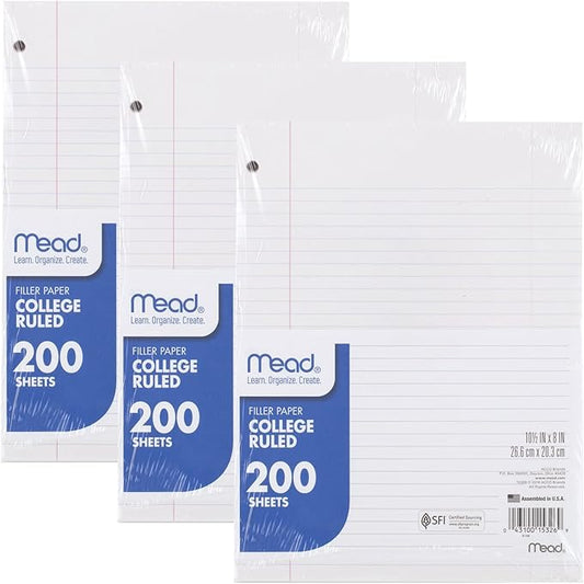 Mead Loose Leaf Paper, 3 Pack, Notebook Paper, College Ruled Filler Paper, Standard, 8 x 10.5, 200 Sheets per Pack (73185)