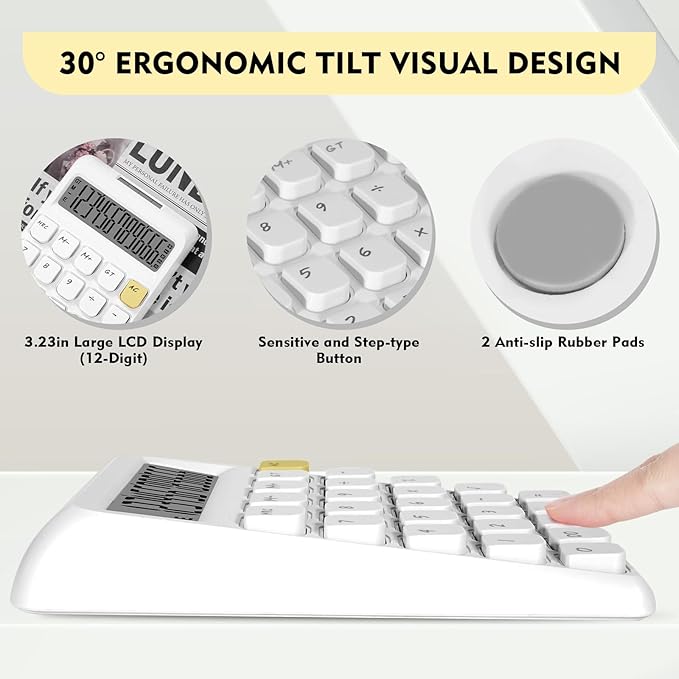 Cute Calculator, Calculators Desktop, White Calculator Big Buttons, Solar and Battery Dual Power, 12-Digits Large LCD Display, Desk Calculators for Office Home School Basic Business (White)