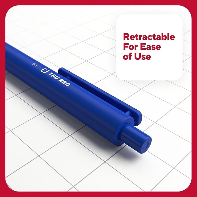 TRU RED Retractable Gel Pens, Fine Point 0.5mm, Blue Ink, 12 Pack – Quick‑Dry Pens for Precise, Smear‑Free Writing