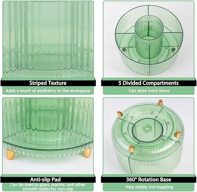 SKYDUE Rotating Pencil Pen Holder, Pen Organizer with 5 Slots - Aesthetic Desk Organizer and Accessories for School, Home, Office Supplies, Clear Green