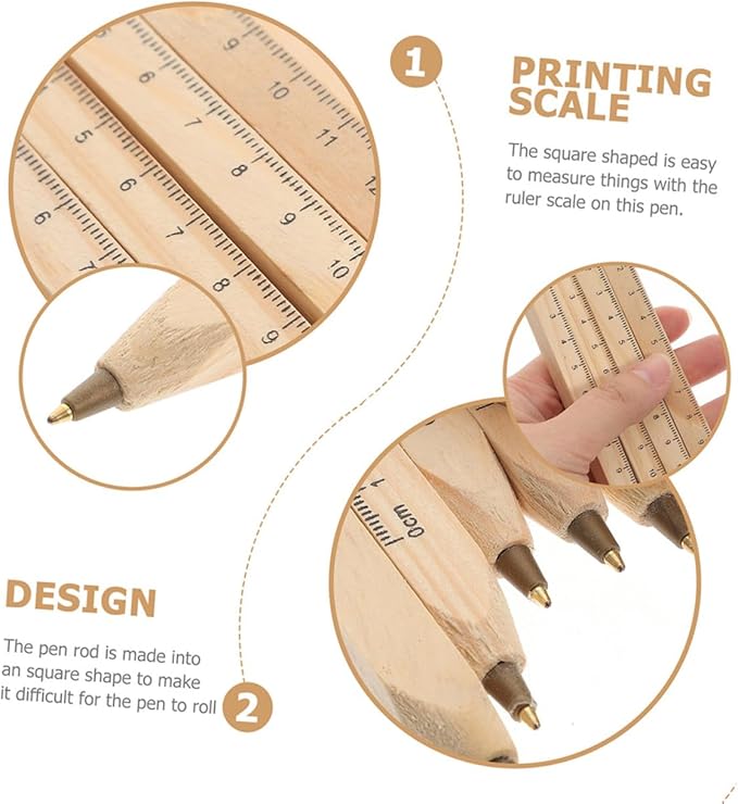 20pcs Black Wooden Ballpoint Pens with Ruler Printed Scale, Natural Biodegradable Carpenter Writing Pens for Technical Drawing and Woodwork Supplies