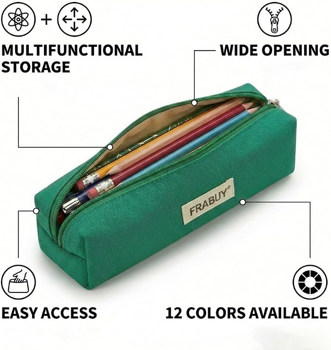 Cotton Canvas Pencil Case & Pen Pouch - Small Stationery Bag Green | Thick canvas pouch organizer with smooth alloy zipper. Cute cosmetics make up holder for school girls and boys.