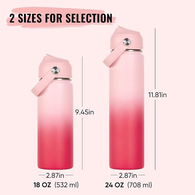 Fijinhom 24oz Insulated Stainless Steel Water Bottle, Wide Mouth Double Wall Vacuum, Silicone Straw, Sweat & Leak Proof, BPA Free Insulated Water Flask for Travel, Keep Cold 24h Hot 12h, Pink Gradient