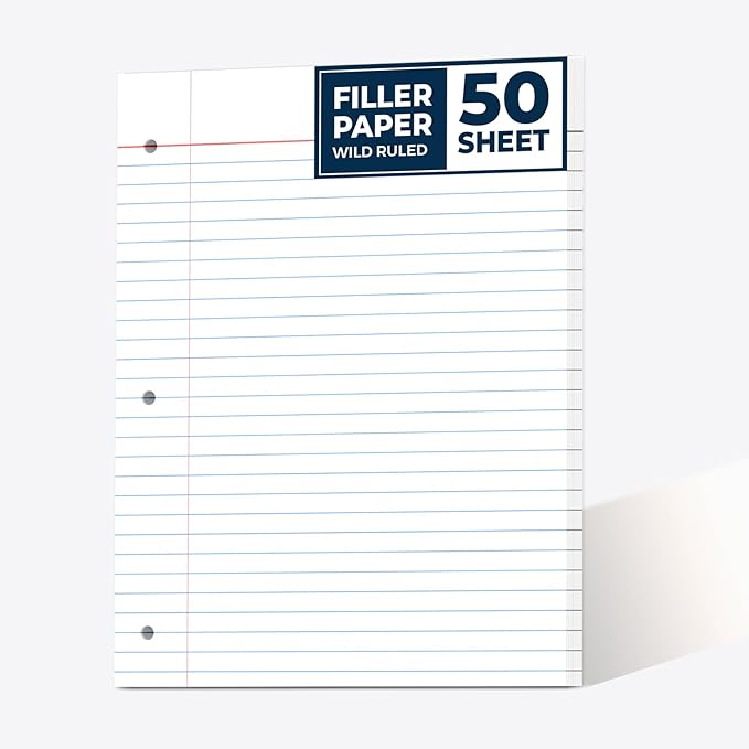 Loose Leaf Paper, 50 Sheets, Wide Ruled Filler Notebook Paper, 8" x 10.5", Bulk Notebook Papers,3 Hole Punched Loose Leaf Paper for 3 Ring Binders,Loose Leaf Office Paper, (White)