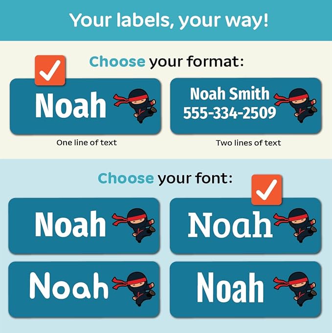 Kids Personalized Name Labels for School, Camp, Daycare (128 Labels) Custom Peel and Stick Waterproof Name Tags Stickers for Water Bottles, Lunch Boxes, Clothing, School Supplies (Ninja)