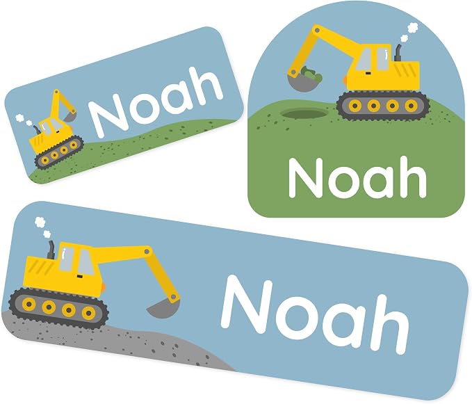 Personalized Daycare Name Labels (84) – Daycare Labels & Name Stickers for Kids – Labels for Kids Stuff Daycare – Waterproof for Baby Bottles, Clothing & Lunch Boxes - Excavator
