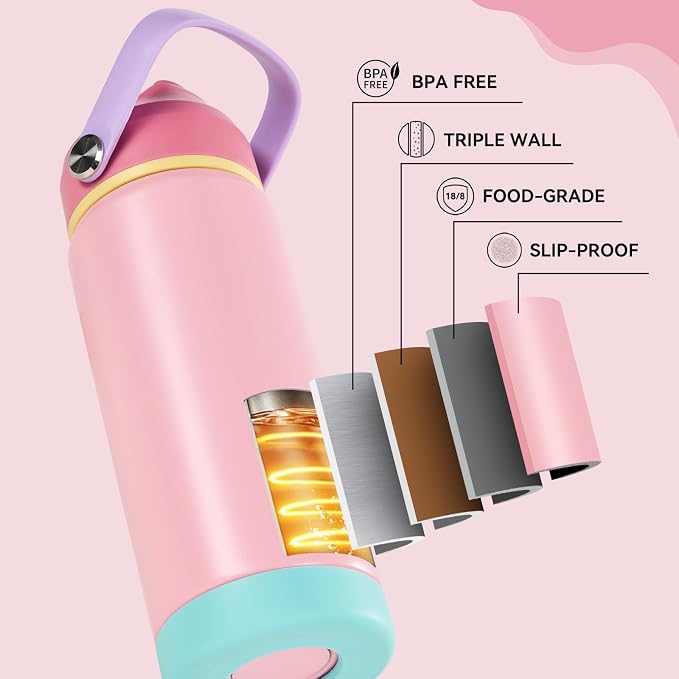 Fijinhom 24oz Insulated Stainless Steel Water Bottle, Wide Mouth Double Wall Vacuum, Silicone Straw, Sweat & Leak Proof, BPA Free Insulated Water Flask for Travel, Keep Cold 24h Hot 12h, Cherry