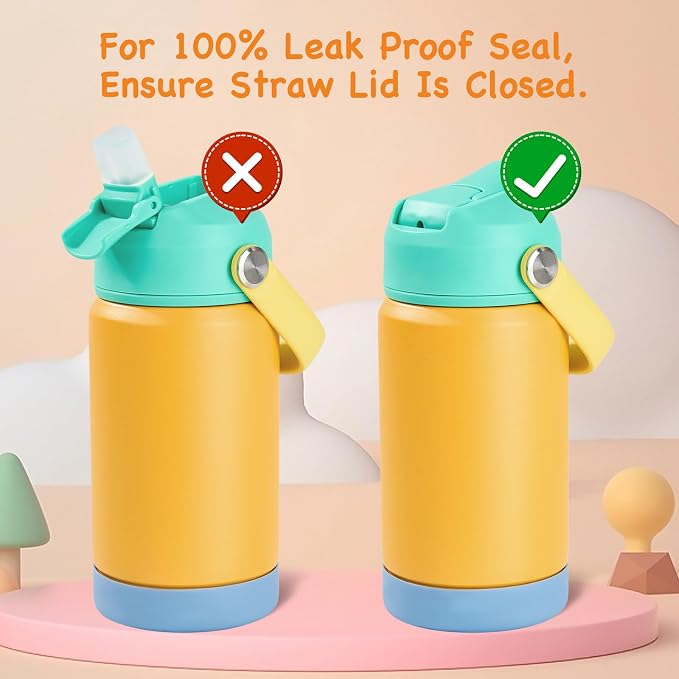 Kerilyn 12oz Kids Water Bottle 2 Pack, Stainless Steel Insulated Water Bottle Bulk, Toddler Cups with Straws Leak-Proof, Kids Water Bottles for School Boys Girls, BPA Free, 2 Piece Set Melon Couple