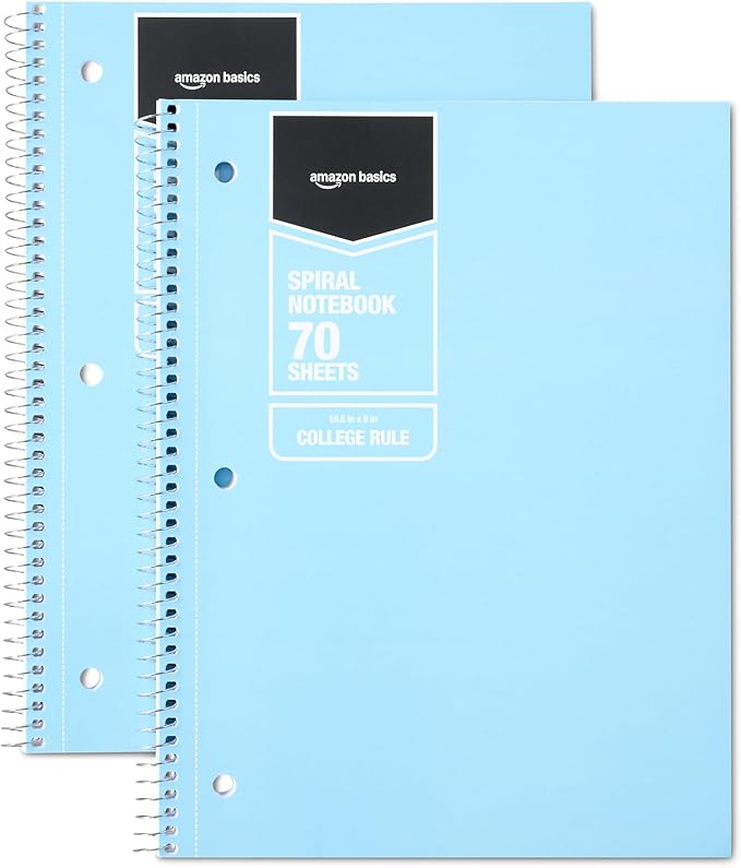 Amazon Basics Wide-Ruled Spiral Notebooks with Perforated Pages, 70 Sheets, 8" x 10.5", Light Blue, 2-Pack