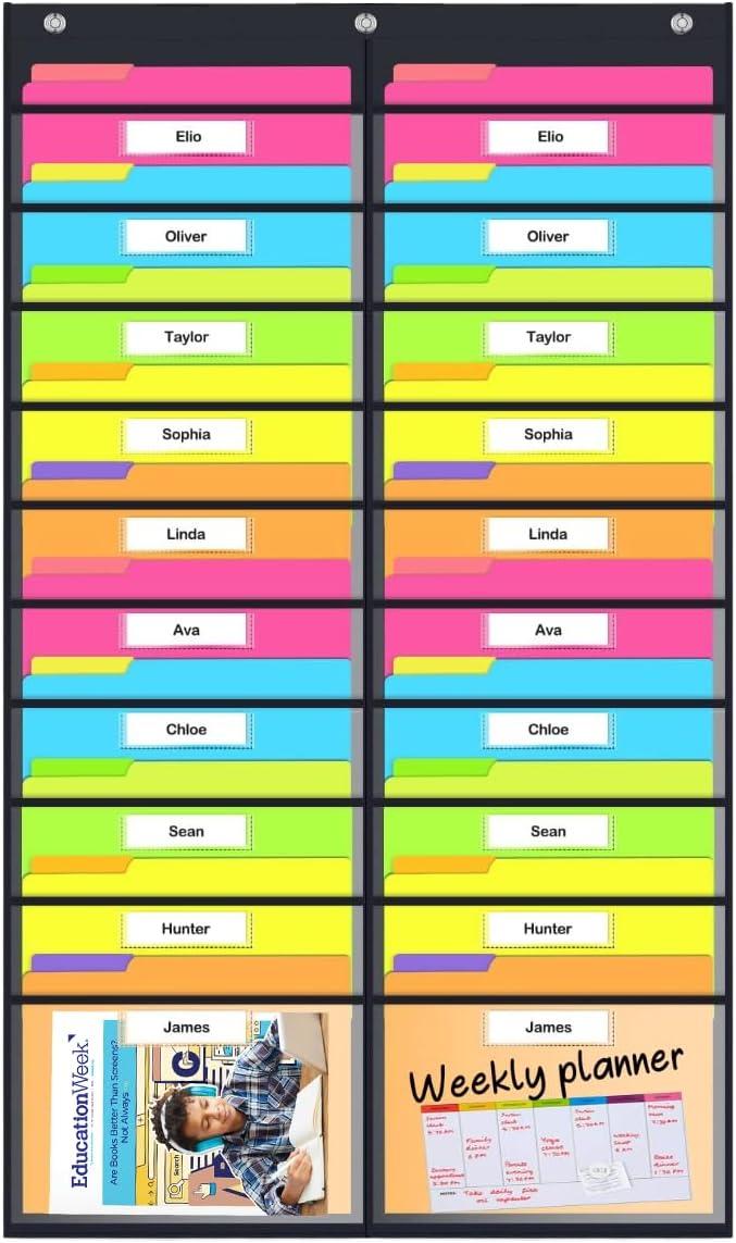 Clear Storage Pocket Chart for Classroom & Office with 20 Nametag Pockets, 4 Overdoor Hangers Included, Hanging Wall File Organizer for File Folders, Assignments, Files, Scrapbook Papers & More