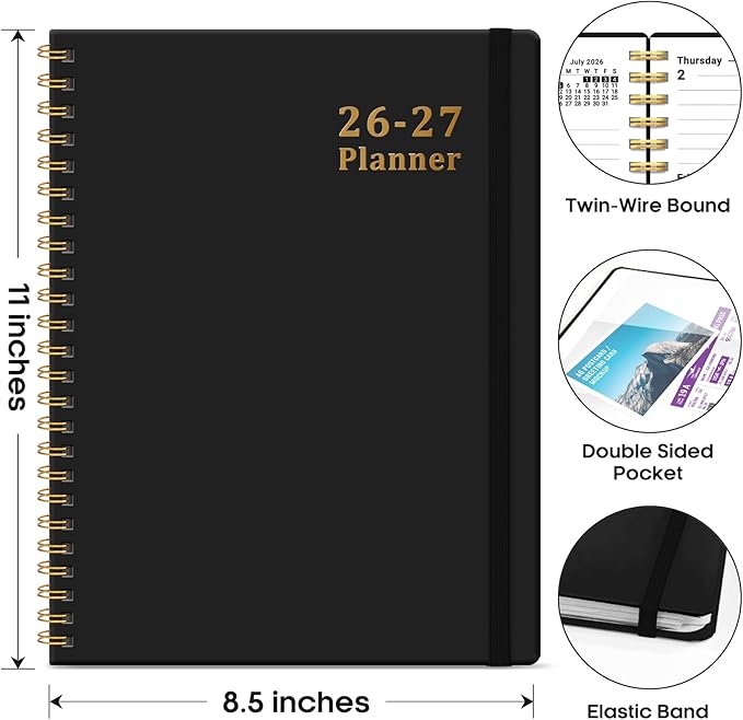 Planner 2026-2027, 8.5" x 11" Weekly and Monthly Academic Year Planner Calendar, July 2026 - June 2027, Hardcover Large School Planning Agenda With Tabs, Perfect for School & Office Supplies, A4, Black