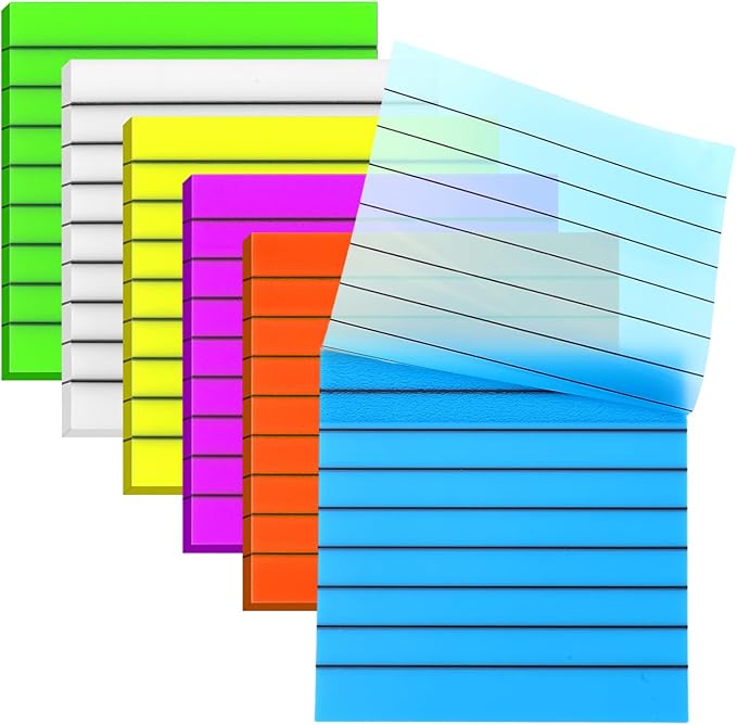 300 Sheets Lined Transparent Sticky Notes 3x3 Inch 6 Pack Clear Sticky Notes Reminder Tabs with Line Colorful Lined Post Note Reminder Tabs for Office Home College Meeting