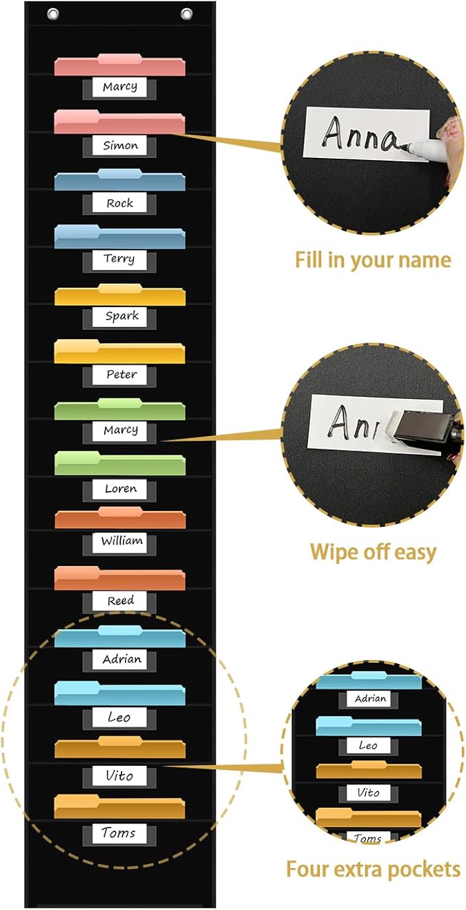 ANCOMEDO 14 Pocket Hanging File Organizer with 14 Nametag Pockets. Black File Storage Pocket Chart for Classroom or Office Use. Perfectly Organizes Assignments, Files, Scrapbooks, and Documents.