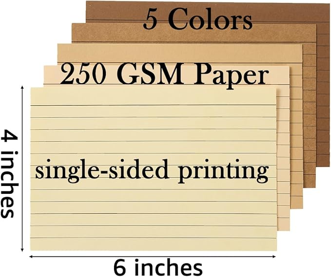 100 Sheets Colored Ruled Note Cards Index Cards, 250 GSM Heavy Flashcards, 5 Colors (5 Brown, 4x6)