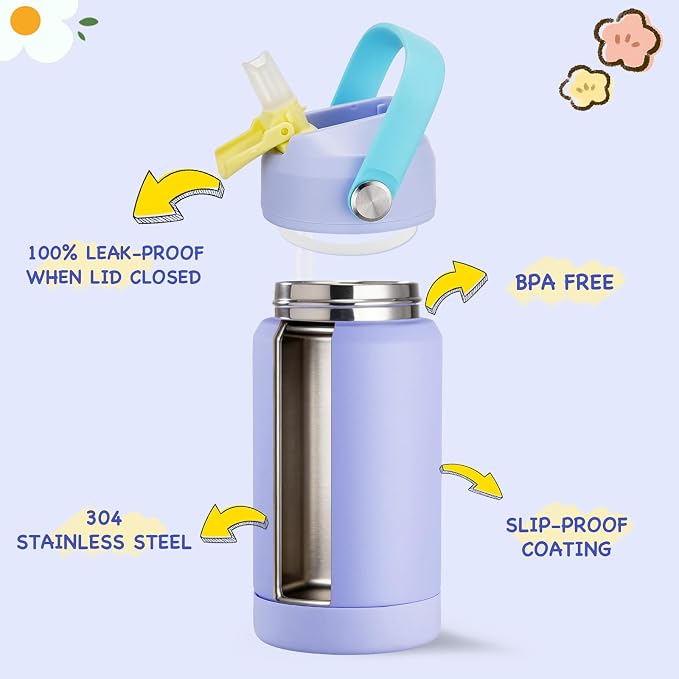 Kerilyn 12oz Water Bottle, Stainless Steel Insulated Water Bottle with Straws Leak-Proof, Water Cup Double Wall Vacuum, BPA Free, Blue Mix