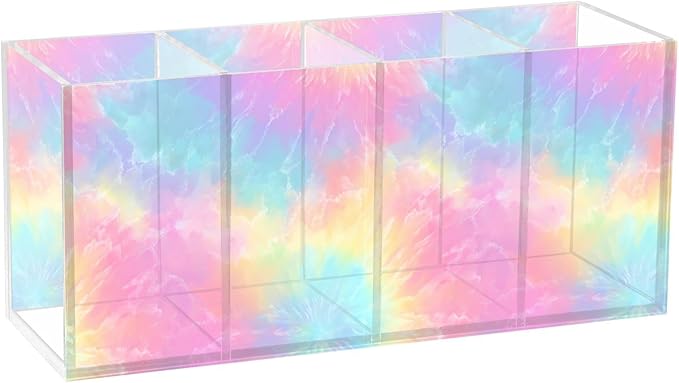 Aslsiy Tie Dye Spiral (19) Pen Holder for Women 4 Compartments Acrylic Pencil Holder Clear Makeup Brush Holder Desk Organizer Office Supplies