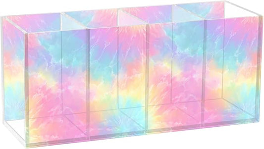 Aslsiy Tie Dye Spiral (19) Pen Holder for Women 4 Compartments Acrylic Pencil Holder Clear Makeup Brush Holder Desk Organizer Office Supplies