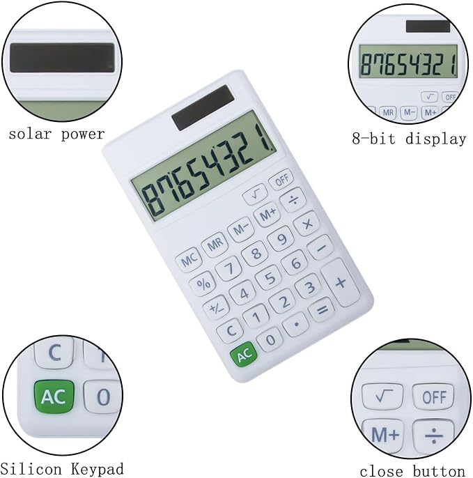 Basic Standard Calculators Small Digital Desktop Calculator with 8-Digit LCD Display, Battery Solar Power Smart Calculator Children's School Adult Office Family Standard Functions (8 Bit White)